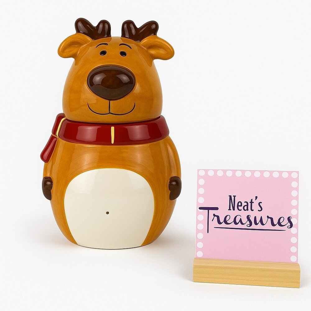 David's Cookies Christmas Reindeer Red Scarf Hand Painted 9.5" Cookie Jar Rare